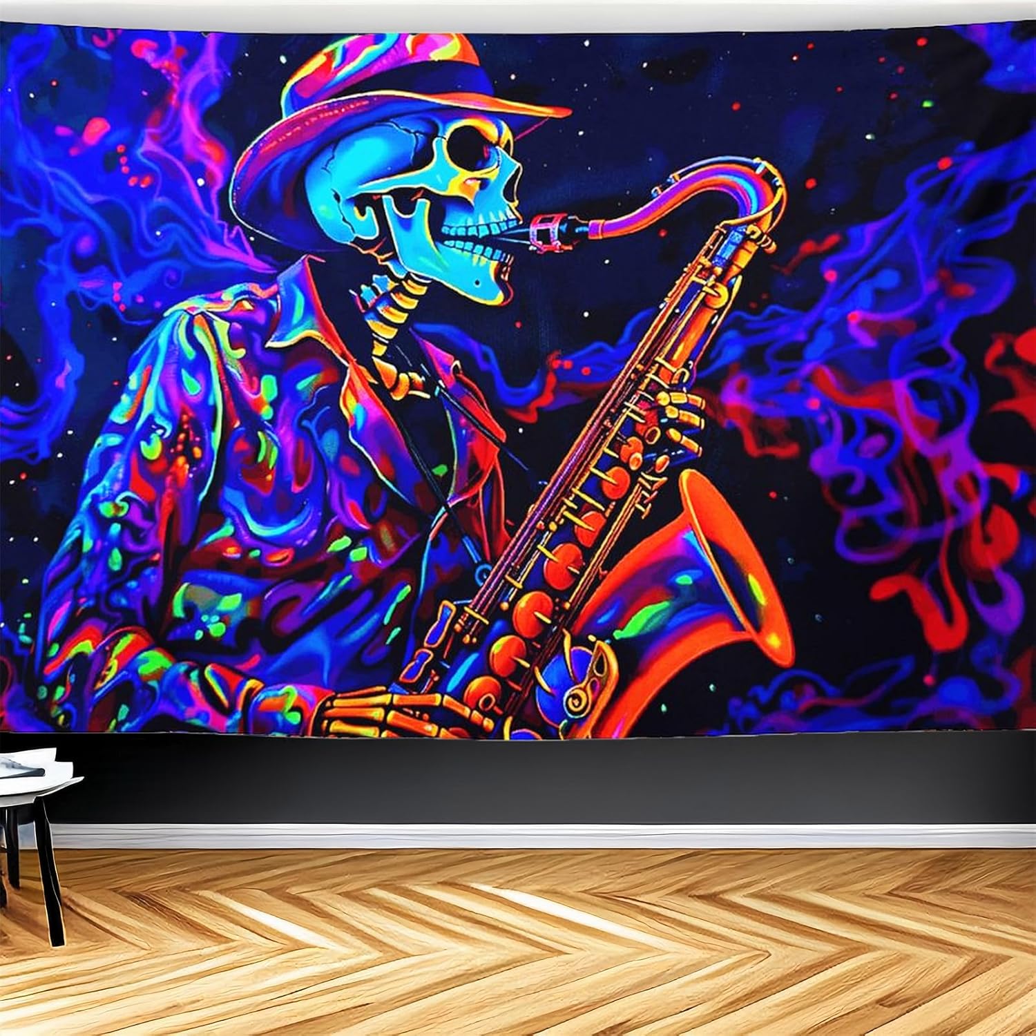 

CJSLIFEART Blacklight Skull Tapestry Percussion Small Concert Fluorescent Starry Sky Bedroom Tapestry Background Wall Decoration 180x230cm
