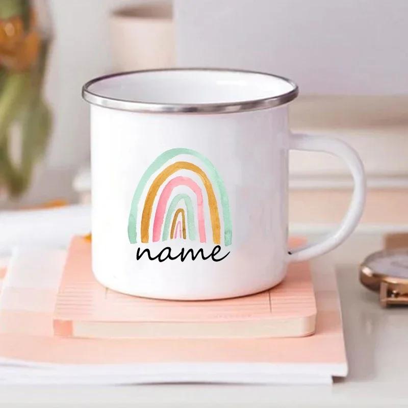 Creative Personalized Mug for Kids Drink Coffee Water Juice Milk Cups Rainbow Enamel Mugs Handle Drinkware Birthday Gift for Her