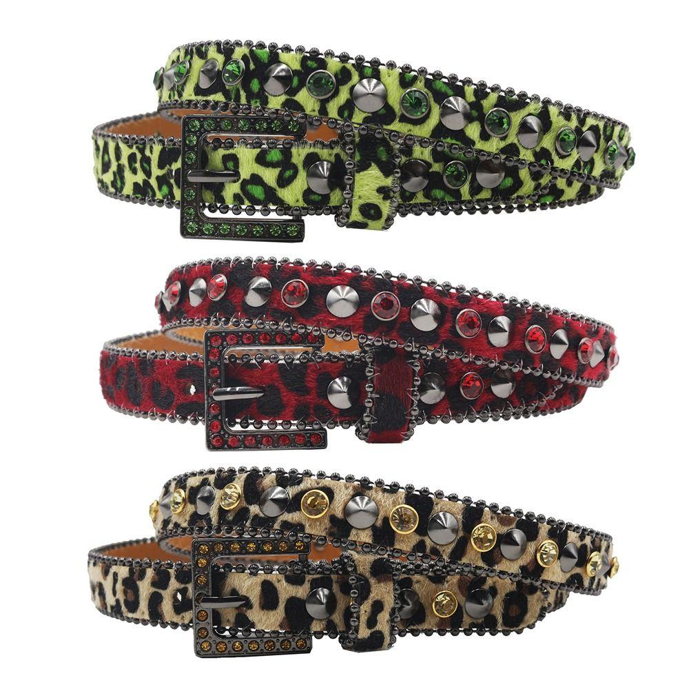 Leopard Gothic Waist Belts With Shine Rhinestone Punk Waistband Leather Belt  for Women Girls