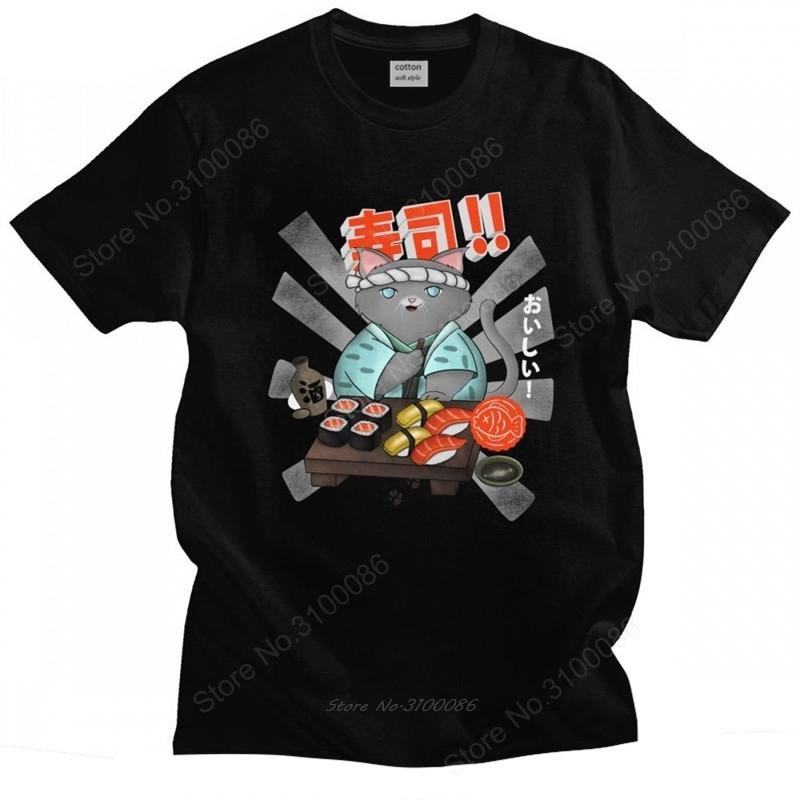 Trendy Unisexs Vintage Sushi Cat Tee Shirt Short Sleeved Cotton Tshirt Summer Cartoon Tshirt Japan Anime Tops Slim Fit Clothes