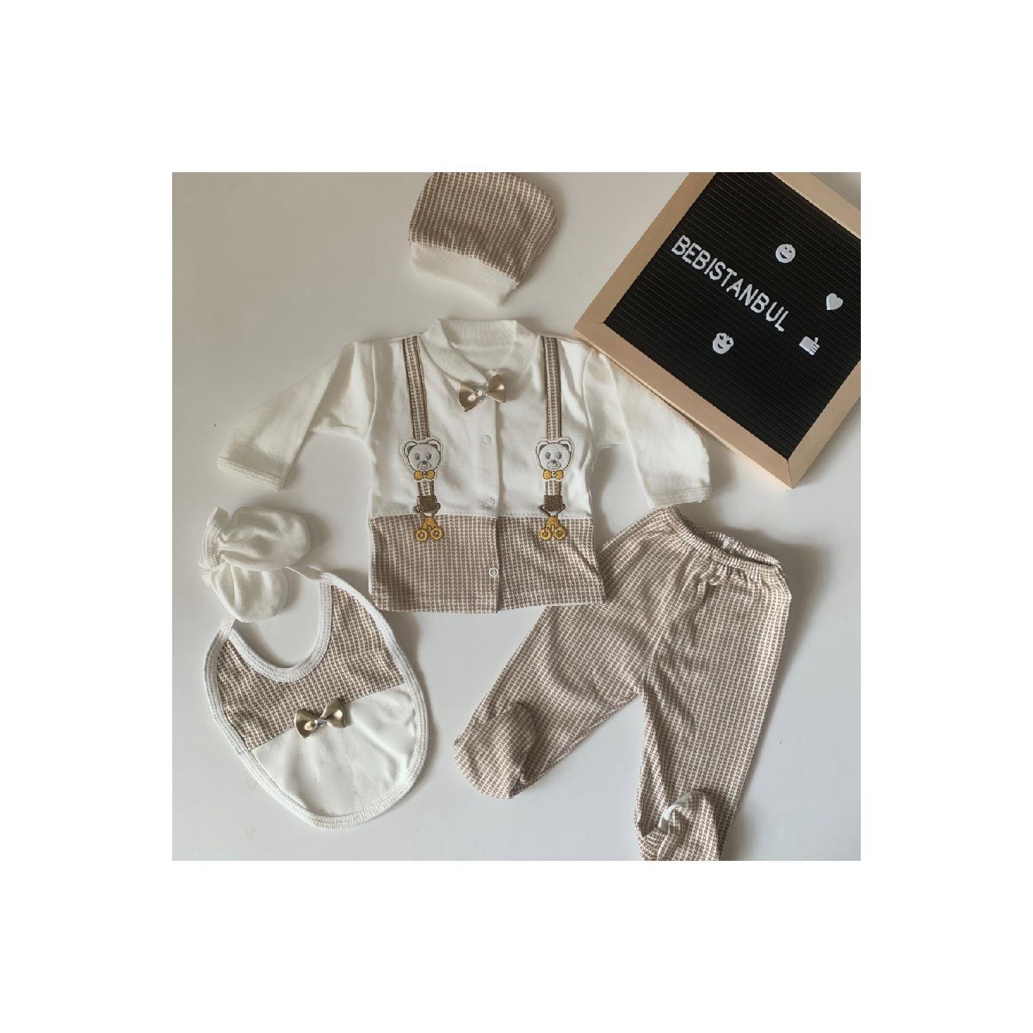 

(в штучной упаковке) Одежда для новорожденных с плюшевым мишкой и коричневым галстуком-бабочкой Детская одежда, комплект из 5 предметов для выписки из больницы Yeni Doğan