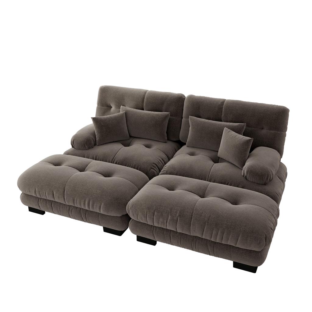 Cloud Corner Sofa for Living Room, Chenille Double Sofa with 2 Lumbar Pillows and 2 Decorative Pillows, Solid Wood Frame, Chenille Brown
