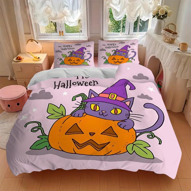 3pcs Happy Halloween Purple Wizard Cat & Pumpkin Pattern Bedding Three-Piece Set (1 Cover + 2 Pillowcases, No Fillings), This Printed Bedding Set