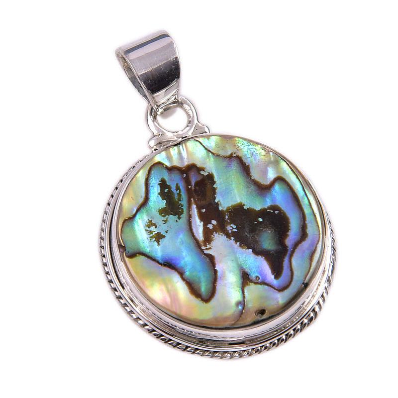 Natural Abalone Shell Gemstone 925 Solid Sterling Silver Gift Pendant 1.5" E8T35