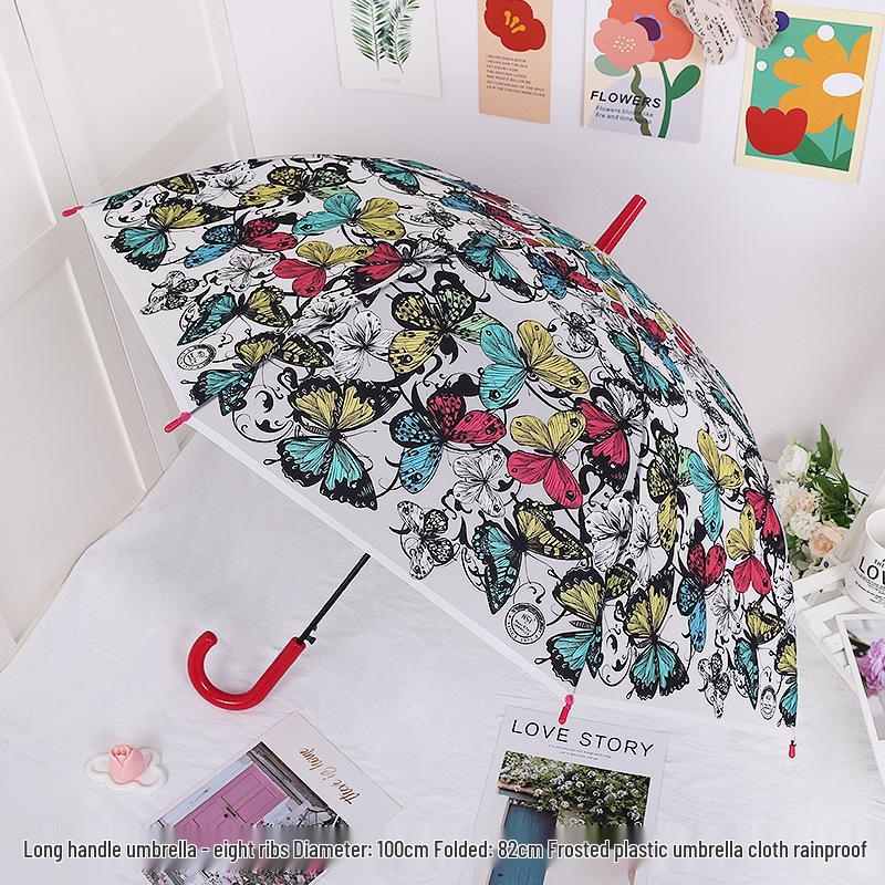 Japanese Forest Style Transparent Cherry Blossom Umbrella with Arched Long Handle for Students