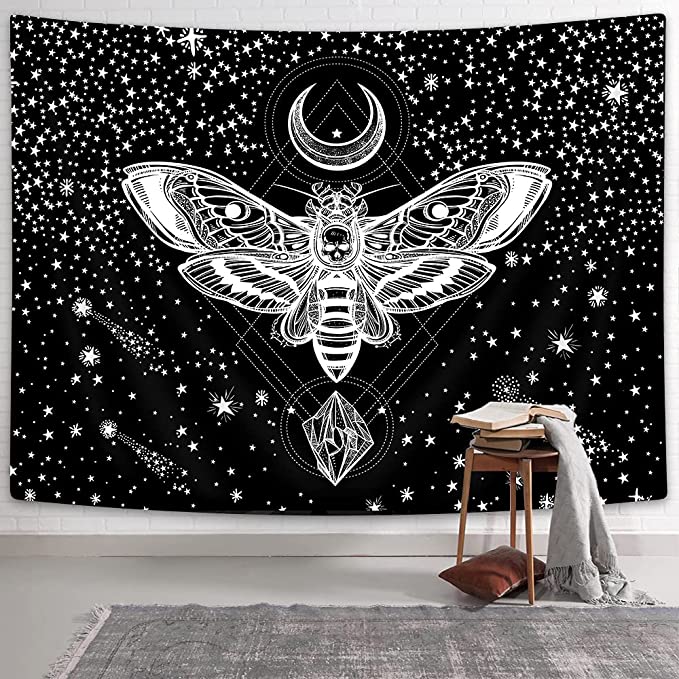 Witchcraft Butterfly Moth Tapestry Mystery Skull Dead Head Black And White Gothic Quarters Decorative