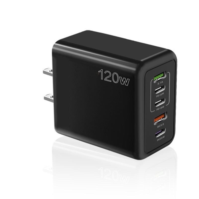

120W Fast Charging Adapter for Smartphones and Tablets 2xUSB+3xType C Large Power Output and Intelligent Distribution чорний