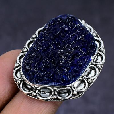 Natürlicher blauer Moldavit-Quarz-Edelstein, 925er Sterling-Silber-Ring, Größe 9, g8Q12
