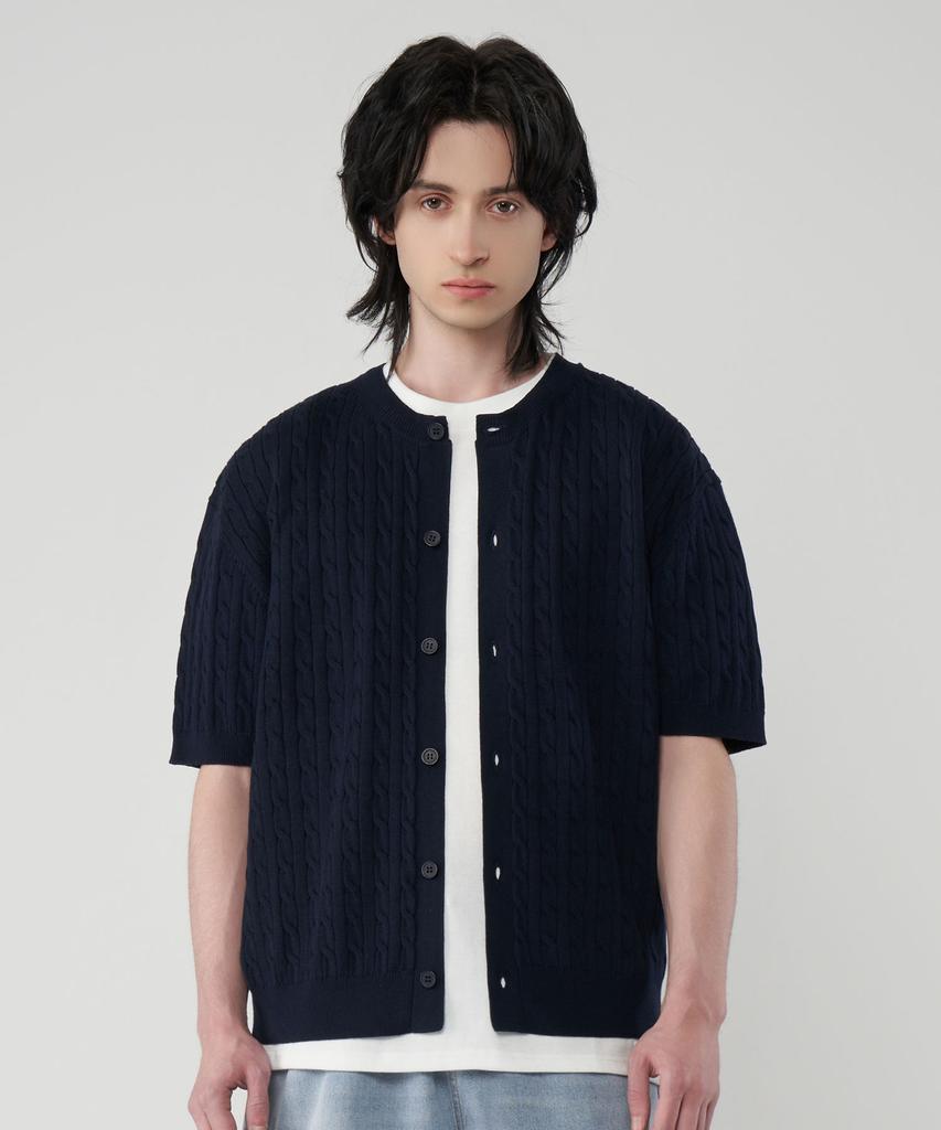 UNTAPPED STUDIO Washable Cool Cotton Cable Short Sleeve Round Button Knit 3 Colors