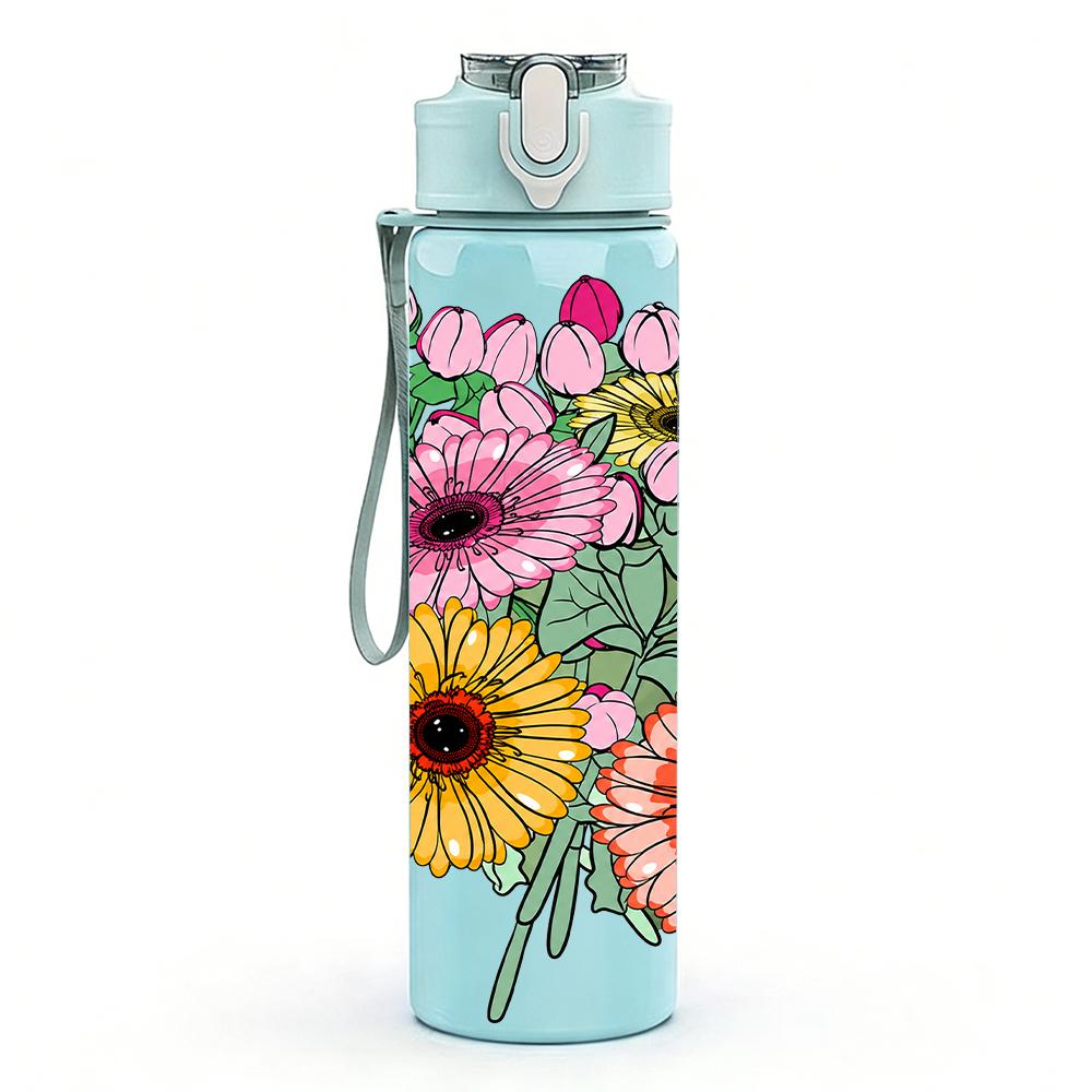1PC Daisy Sunflower Mixed Floral 750ml Color Plastic Sports Water Bottle Leakproof Flip Straw Lid Suitable for Sports Office Home Use