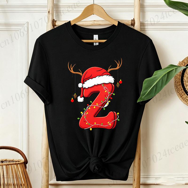 Cute Cartoon Xmas Initial A~Z Graphic T Shirts Christmas Reindeer Lights Print T-Shirts Holiday Party Family Matching Tshirts