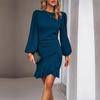 Elegant Womens Slim Fit Solid Color O Neck Dress with Bubble Sleeves Ruffles and Pleated Design