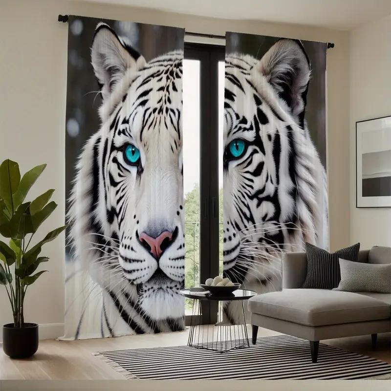 2pcs Striking White Tiger Printed Curtains, Designed for Light Filtering, Quality Material, Ideal for Wildlife Enthusiast Home