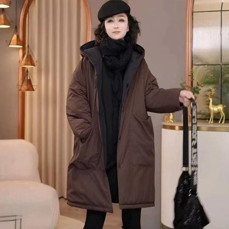 Casual Double-Sided Wear Hooded Cotton Jacket Women Winter Parka Thiened Loose Mid-Length Color Cotton Coat
