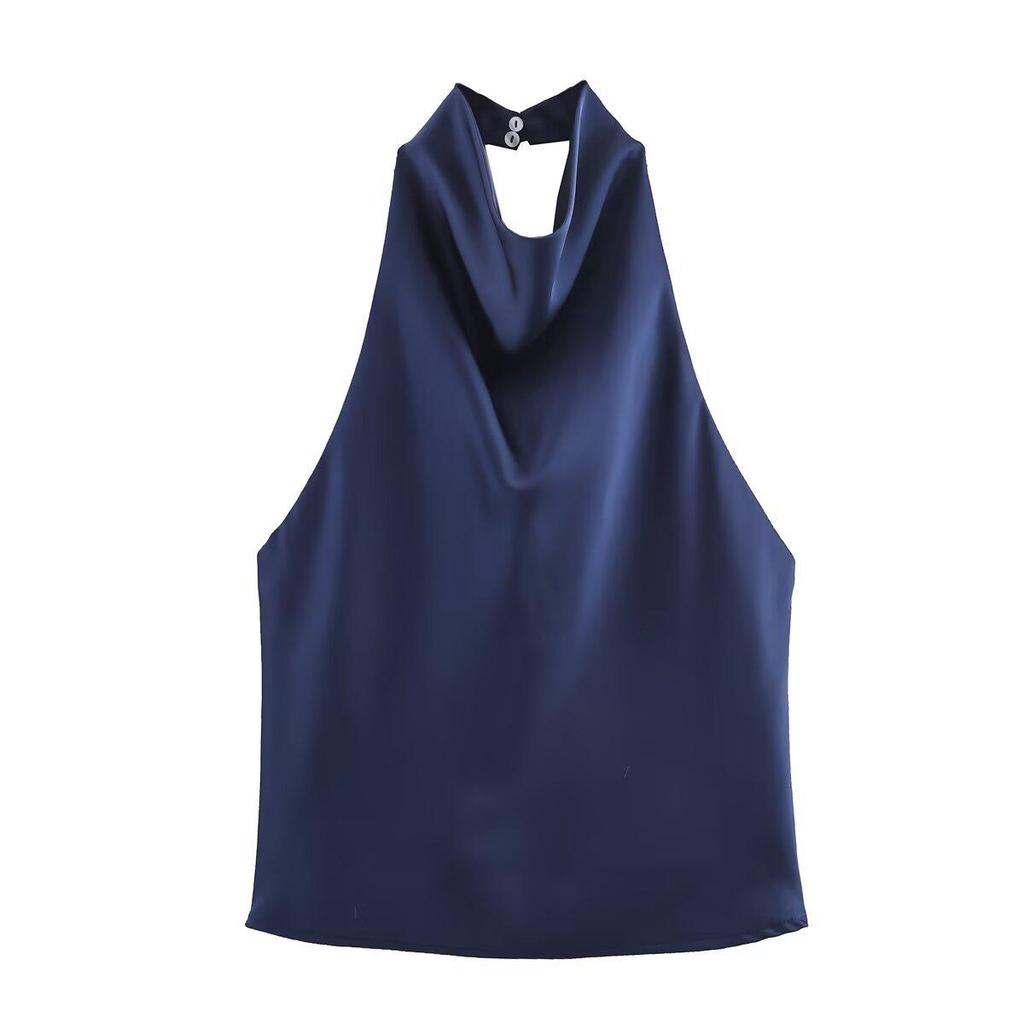 Sophisticated 2025 Summer Silk Satin Halter Neck Top – European & American Style