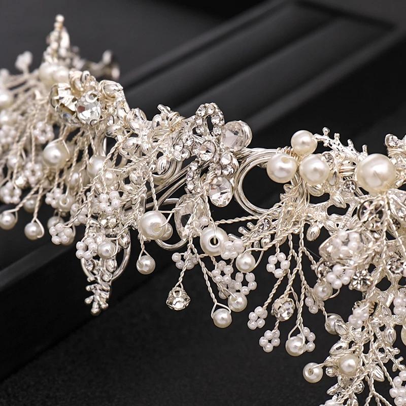 Trendy Handmade Wedding Crown Baroque Rhinestone Pearl Crystal Headband Wedding Hair Accessories Bridal Crown
