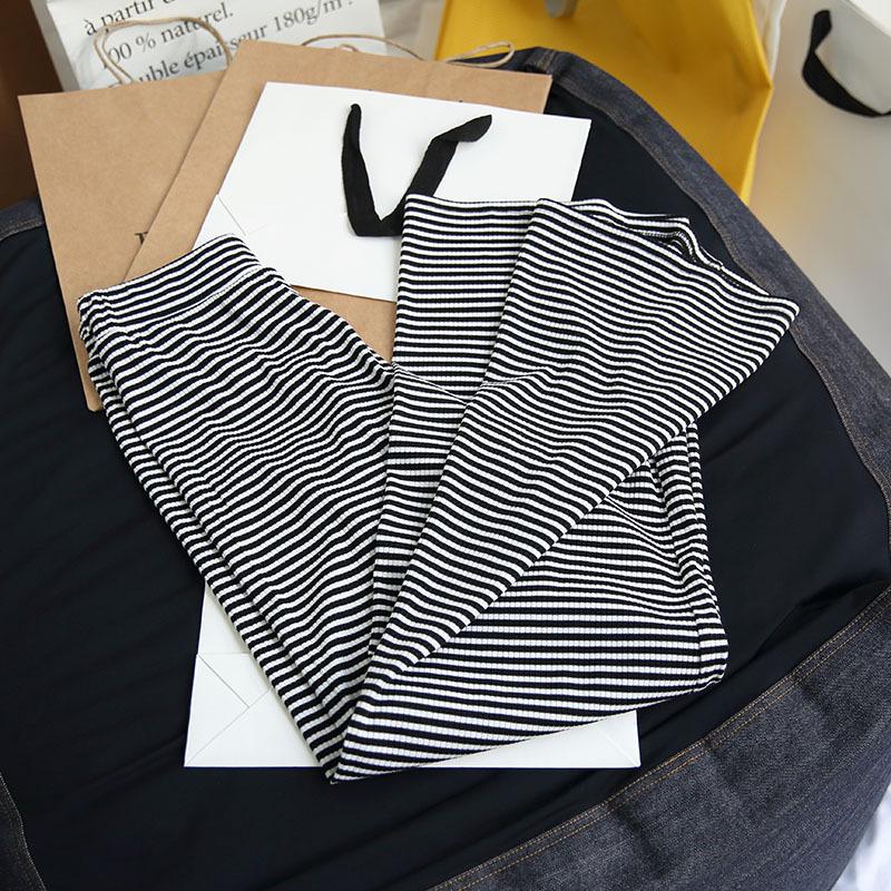 

Women s High-Waisted Black & White Striped Wide-Leg Pants - Korean Style Casual Floor-Length M