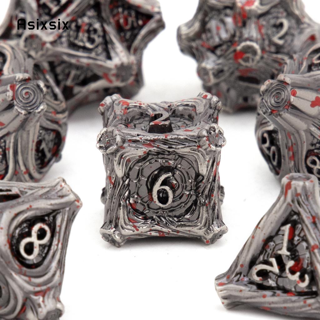 7 Pcs Silver Red Tree Stump Root Metal Dice Solid Metal Polyhedral Dice Set Suitable for Role-Playing RPG Board Game Card Game
