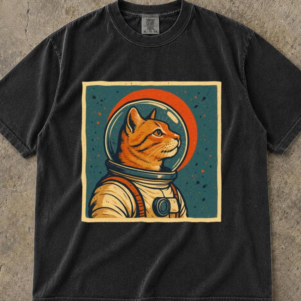 Japanisches Katzen-T-Shirt, Mid-Century Weltraumkatzen-Shirt, Japanisches Kanji Glückssymbol T-Shirt, Japanisches Ästhetik Vintage Tee, Weltraumkatzen-Kanji-Shirt