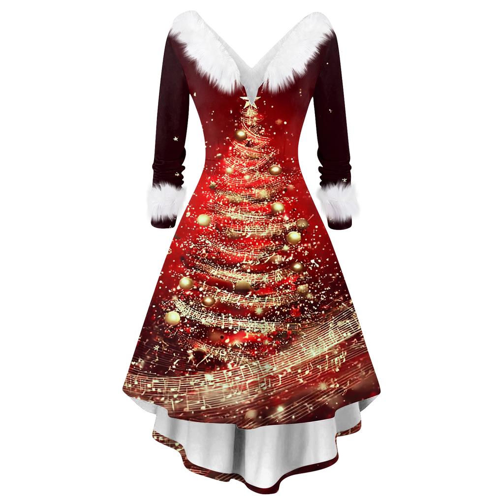 Women's Fashion Casual V-Neck Christmas Print Long Sleeve Dress