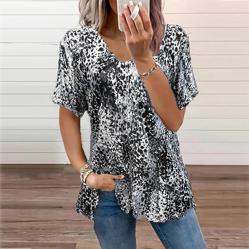 

Модные леопардовые принты блузки с коротким рукавом V-образный вырез футболки повседневные 8XL серый