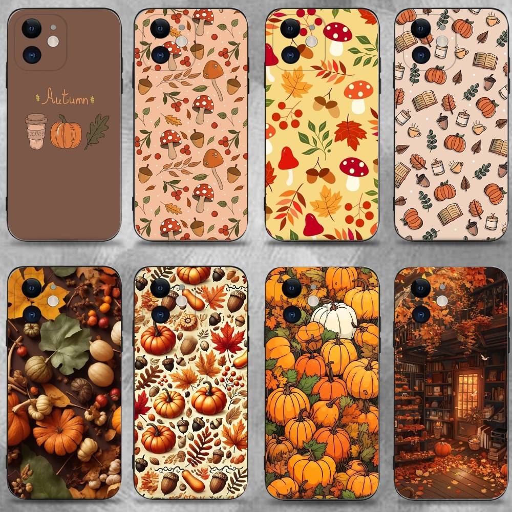 Autumn Leaves Pumpkin Phone Case For iPhone 16,15,14,13,12,11 Plus,Pro Max,XS,X,XR,SE,Mini,8,7,Soft Silicone Black Cover