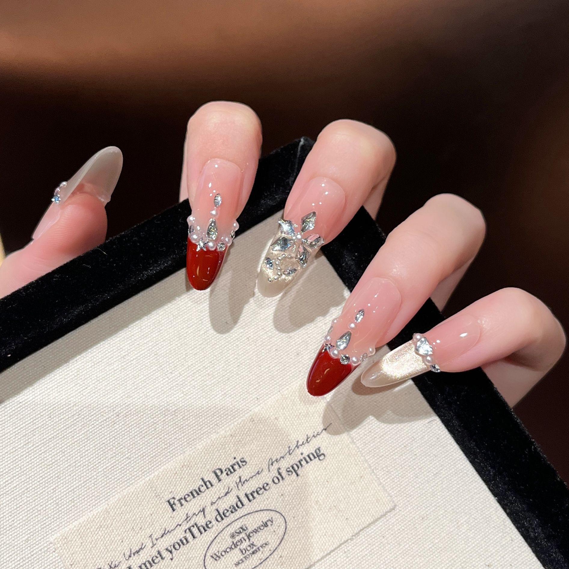 Handmade Red French Manicure Wearable Nail Pieces with Stickers