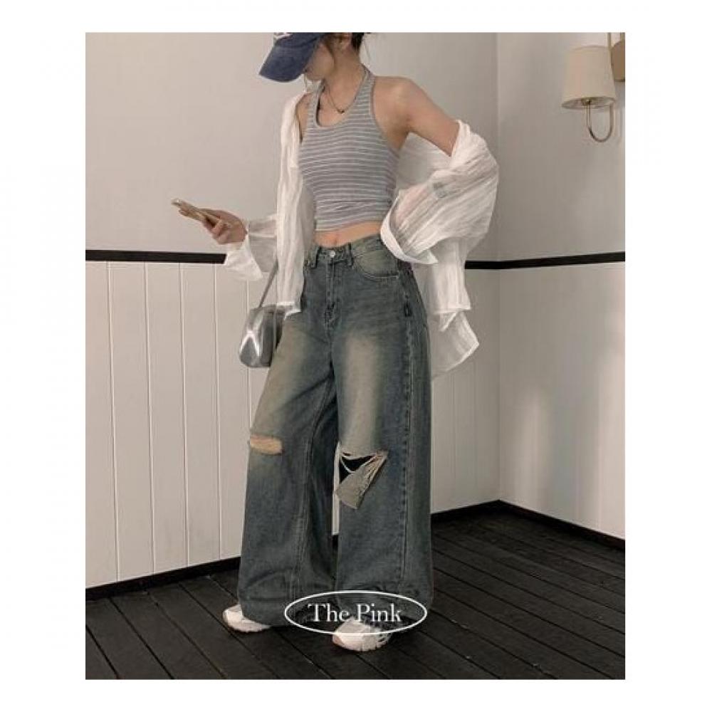 The Pink High Waist Washing Damage Wide Denim Pants