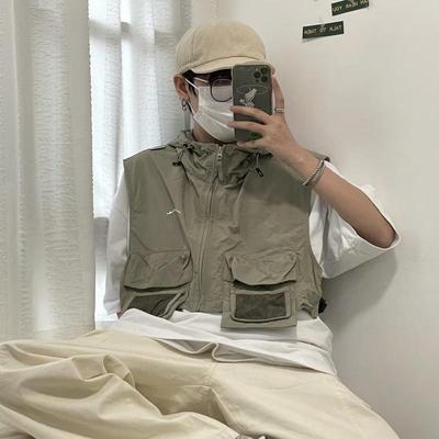 Unisex Japanese Workwear Short Hooded Vest for Outdoor Spring/Summer