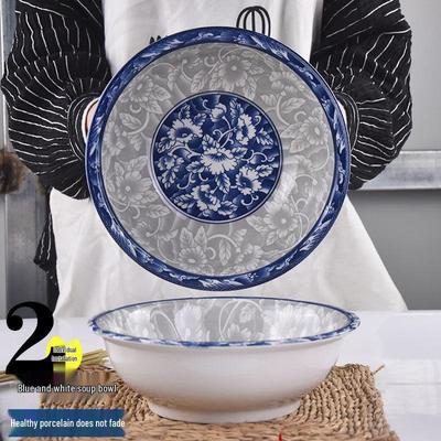 Set of 2 Large Blue & White Ceramic Bowls for Soup, Noodles, or Rice - Versatile Tableware