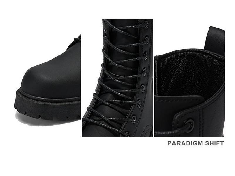 Pánské černé kožené motocyklové boty se silnou podrážkou a vnitřním zvýšením – britský styl, vysoké, ležérní, připravené na podzim.