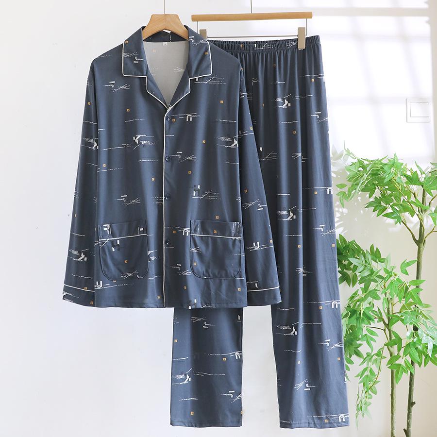 Men's Loose-Fit Pure Cotton Pajama Set: Long Sleeve Cardigan & Pants for Spring/Autumn