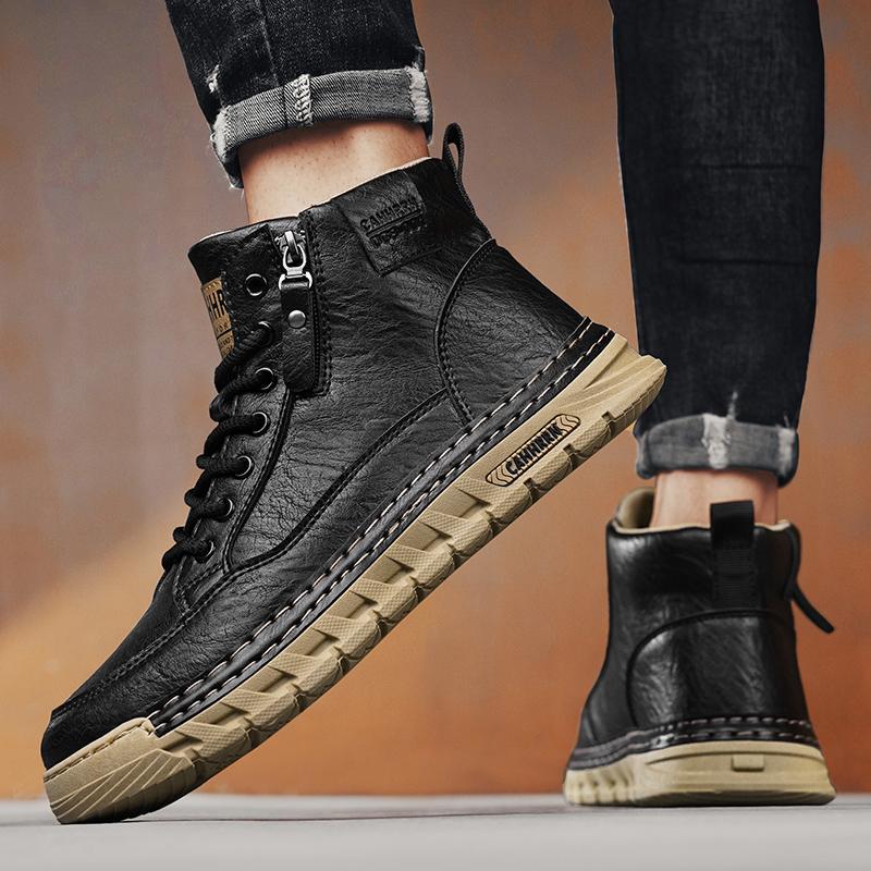 

2025 spring black leather boots men s leather waterproof and non-slip outdoor tooling boots versatile Martin boots platform short boots 44