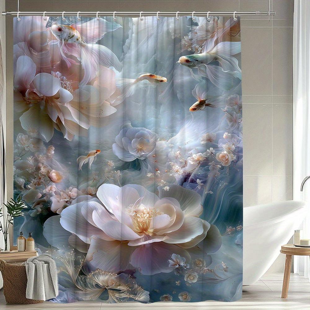 

1Pc Floral And Fish Theme Shower Curtain Romantic Natural Scenery Bathroom Decoration Polyester Fabric Contains 12 Hooks W60H190(CM)-1 Pcs