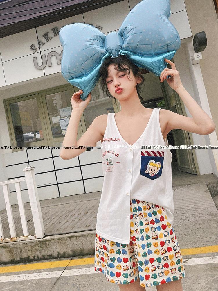 

Харада Ши Мультяшный Милый Летний Пижамный Комплект: Женский кардиган-жилет без рукавов с шортами Size 4 (100-130 lbs)