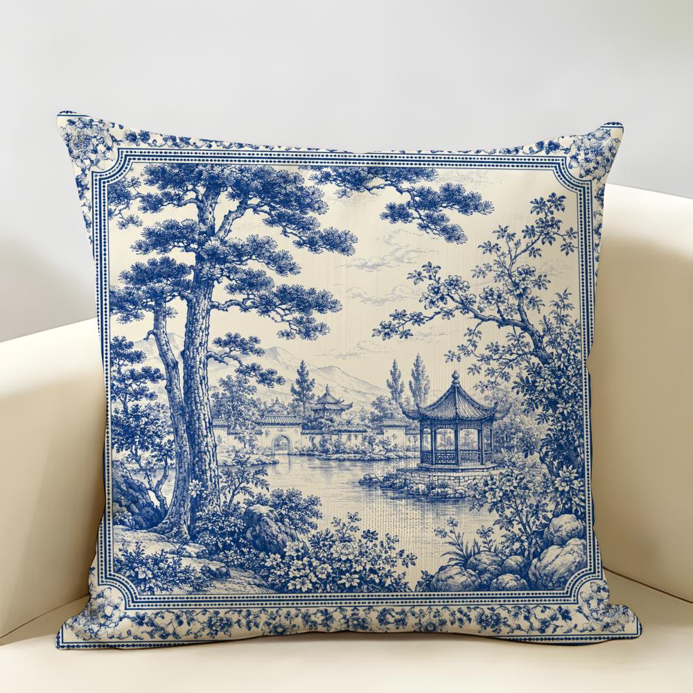 Funda de Cojín Paisaje Azul Blanco Duradera Hipoalergénica Lino Orgánico Funda de Cojín Corto Lavable
