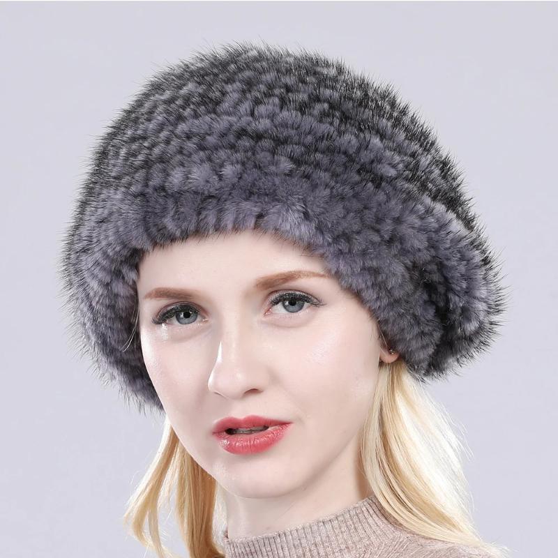 New Winter Lady Natural Mink Fur Beanies Hat Knit Warm Striped Genuine Mink Fur Caps Women Good Elastic Real Mink Fur Hat