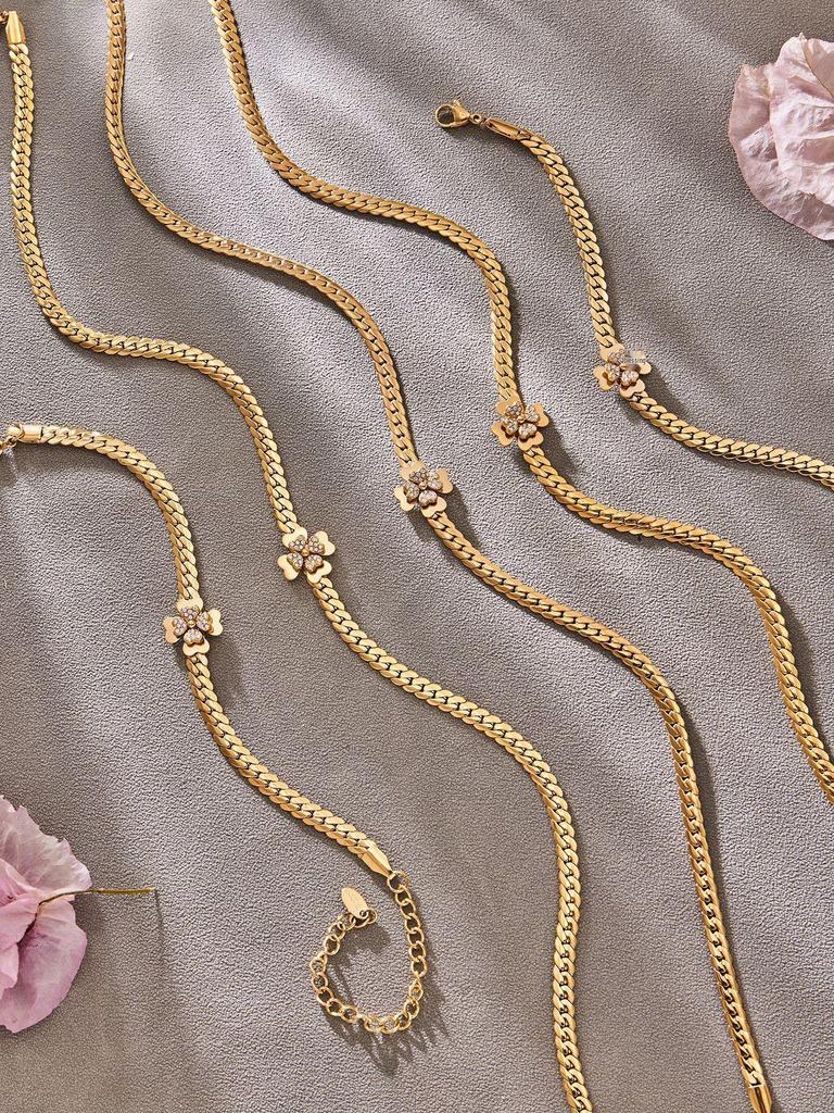 Stylish European & American Double Layer Zirconia Flower Necklace & Stainless Steel Bracelet Jewelry Set for Women