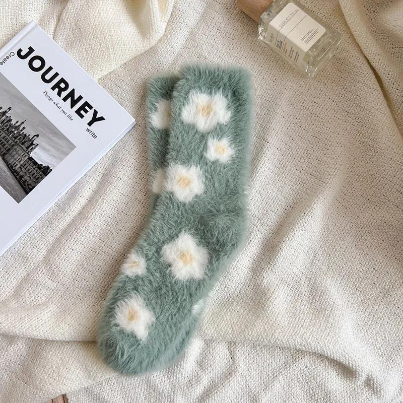 Women Cute Plush Socks Warm Winter Fluffy Mink Fleece Middle Tube Sock Butterfly Cloud Kawaii Cartoon Fuzzy Floor Sleeping Socks