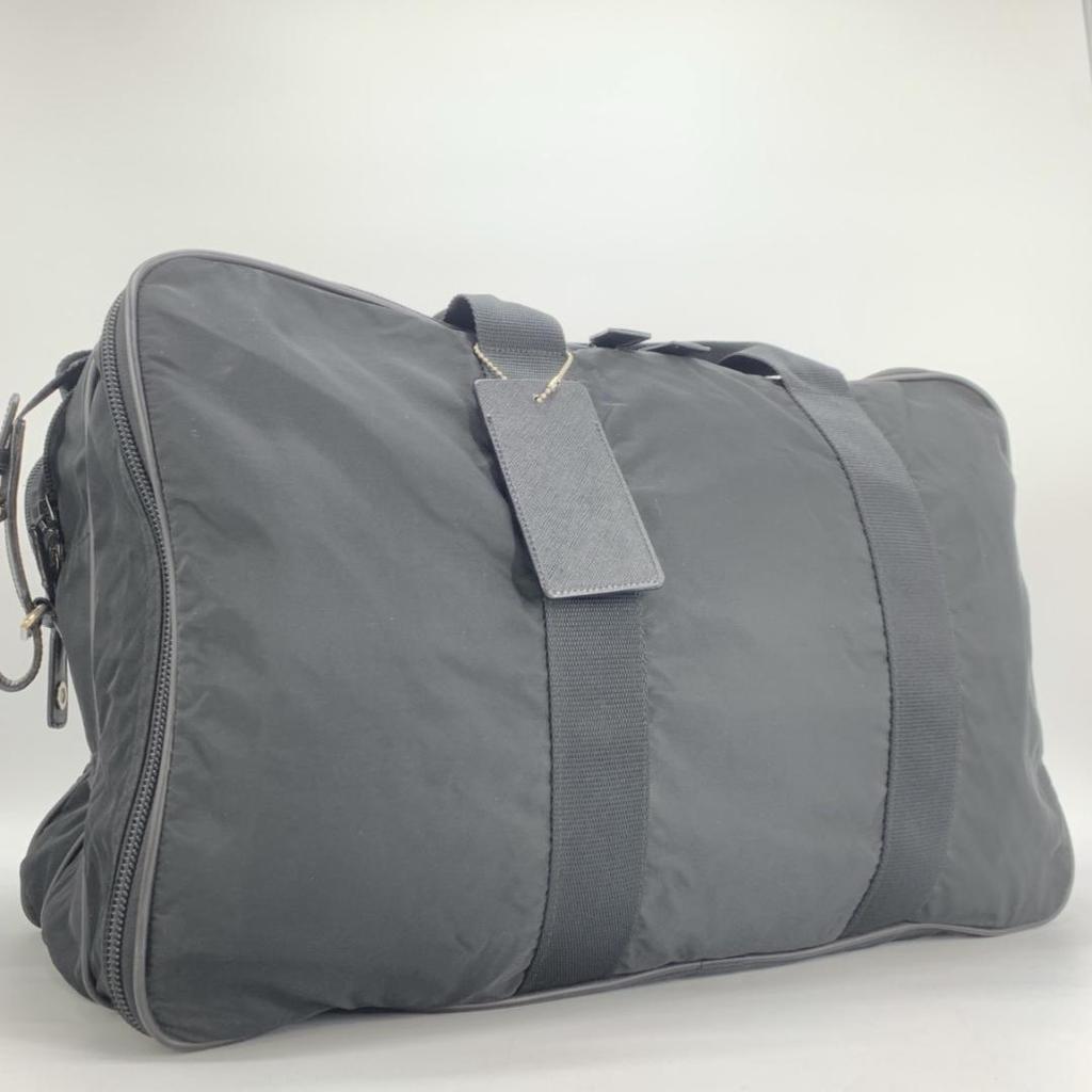 PRADA Boston Bag Travel Bag Shoulder Bag Large Logo Tessuto Nylon Saffiano Leather Black Triangle Logo Plate A4 Capacity 2WAY Men's