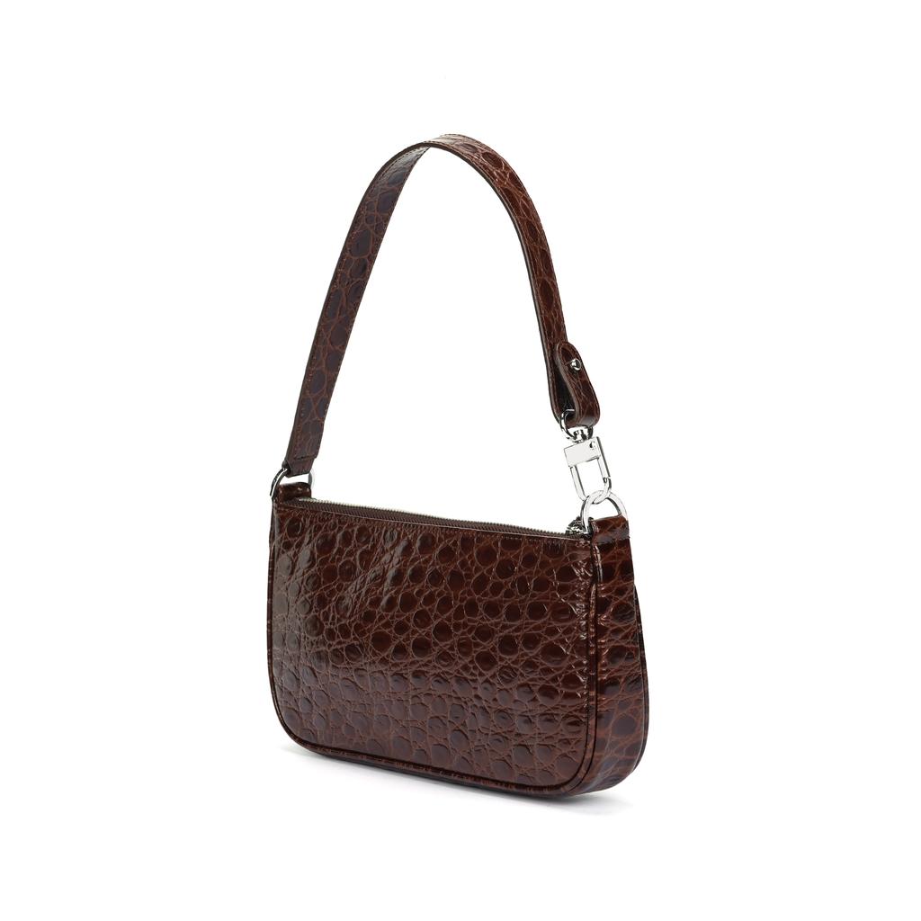 By Far Crocodile Pattern Embossed Zipper Closure Leather Mahjong Bag Handheld Shoulder Bag Women bags Brown 22PFRCLSSEQCCEMED