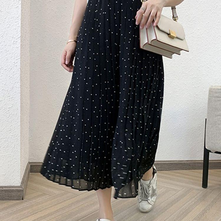 Chiffon Wide-Leg Pleated High-Waist Slimming Loose Fit Nine-Point Skirt Pants for Women