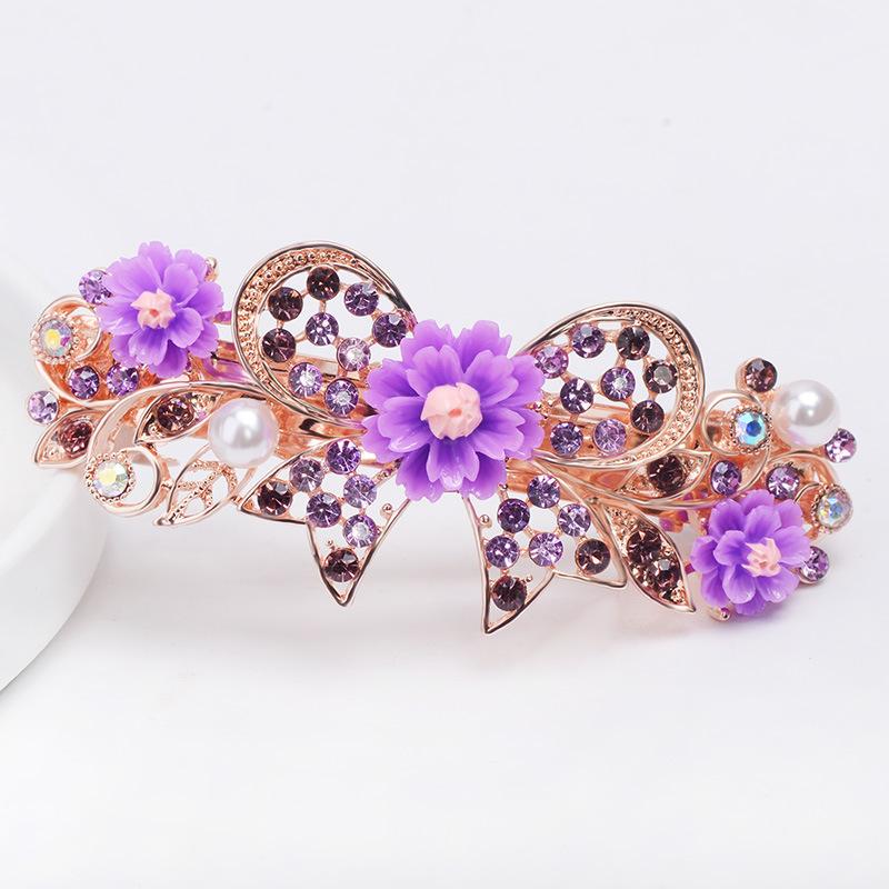 Clip de Primavera de Circonita Blanca Flor de Pedrería Brillante Clip Superior Clip Horizontal Elegante Adorno para el Cabello de Moda para Madres