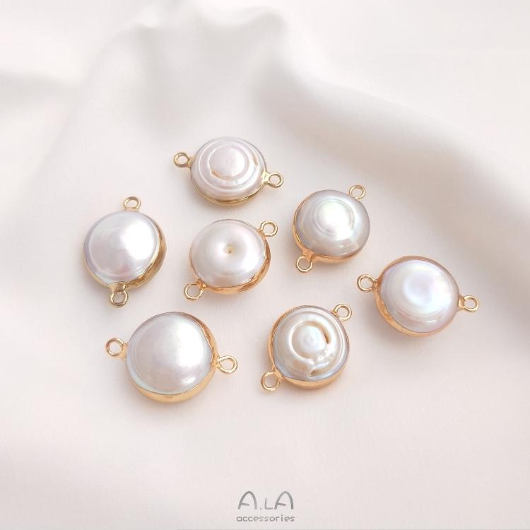 Natural Baroque Irregular Pearl Double Hole Rice Bead Flat Round Pendant for Handmade DIY Bezel Setting