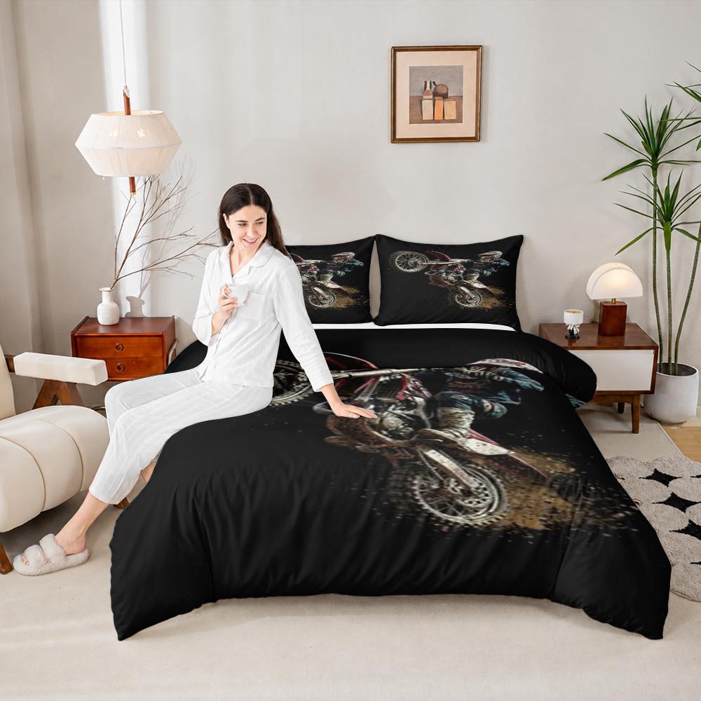 Motocross Rider Jump Dirt Duvet Cover Set with 2 Pillowcases for Kids Room Bedding