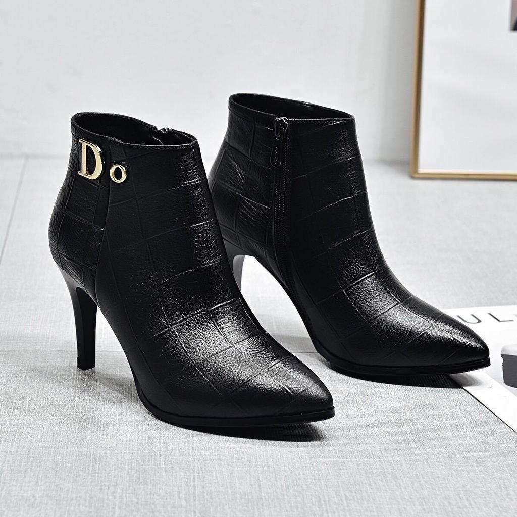 Heeled Pointed Toe Leather Female Short Shoes Autumn Winter Black Warm Women's Ankle Boots High Quality Y2k Goth Booties Sale