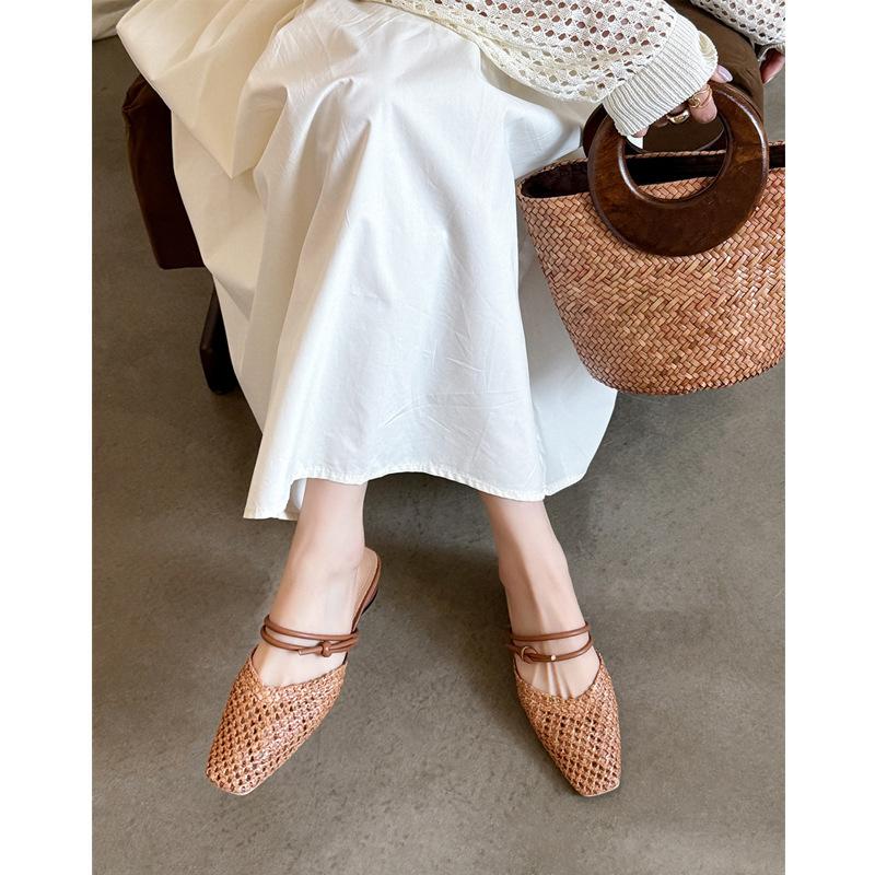 Holiday style retro hand-woven bag head mop outside women's word with middle heel bag head cool slippers soft