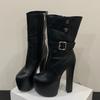 Sexy Chunky Heel Ankle Boots for Women Belt Buckle Side Zipper Design Platform Boots Ladies Elegant Super High Heel Party Shoes