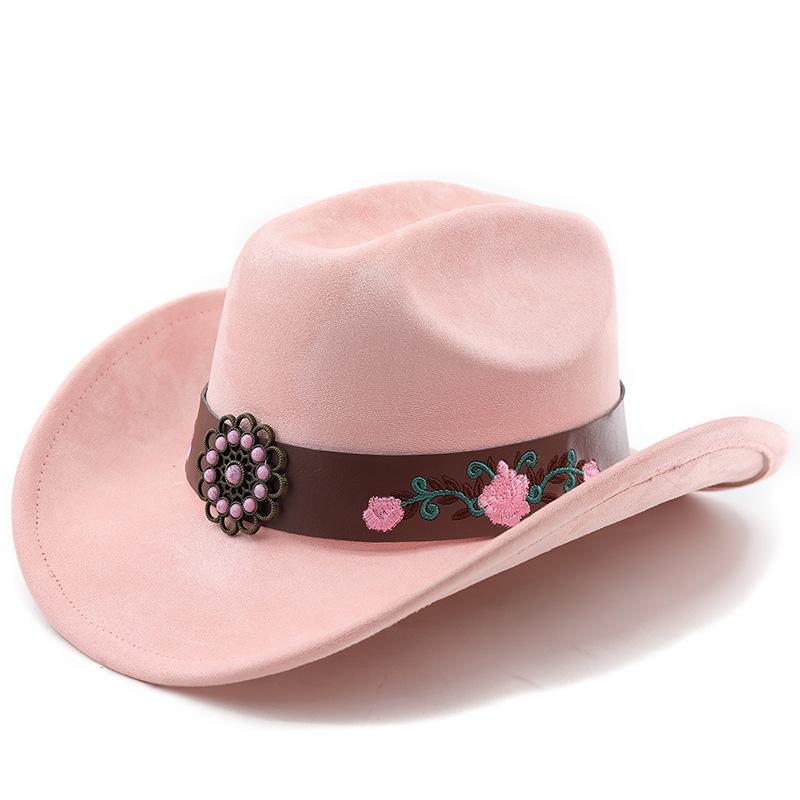Freedom Outdoors Women's Milk White Vintage Embroidered Leather Belt Western Cowboy Hat For Men And Tibetan Style Suede Jazz Hat Wide Brim Top Hat 56-58Cm