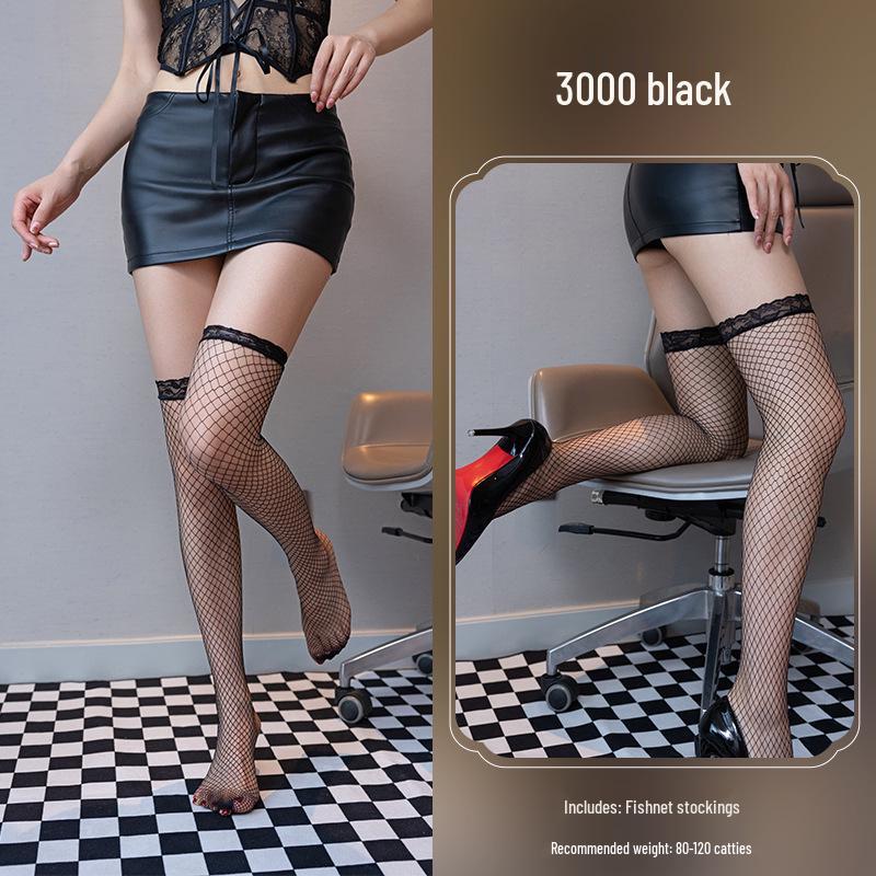 Black Open-Crotch Fishnet Stockings - No Need To Remove, Sleek and Sexy One-Piece, Perfect for a Seductive Night In.
